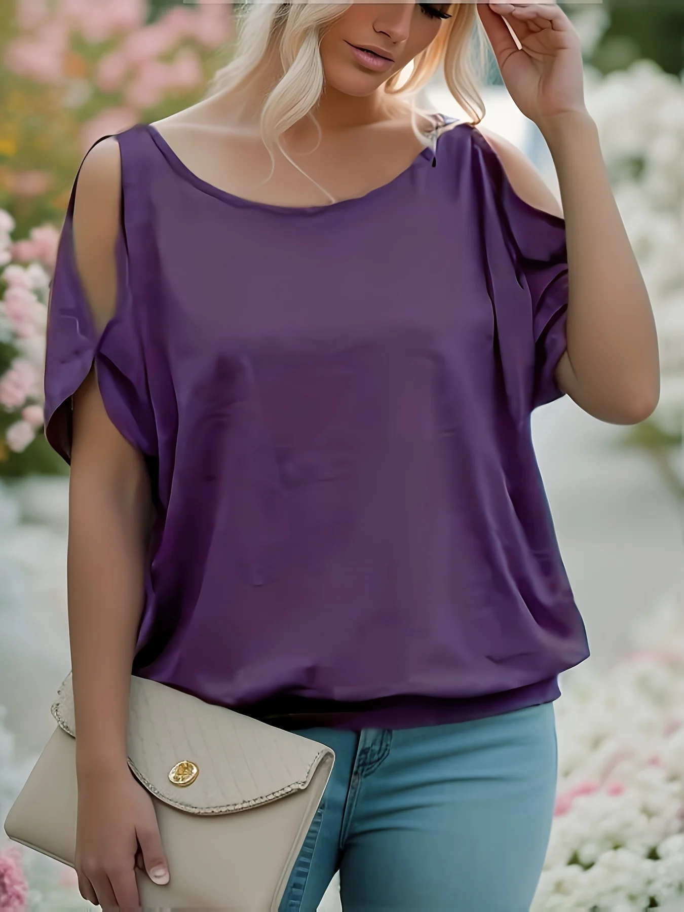 European and American New Fashion Women\'s Pure Color Off-Shoulder Bat Loose Slimming Look Versatile T-Shirt Casual Top Available