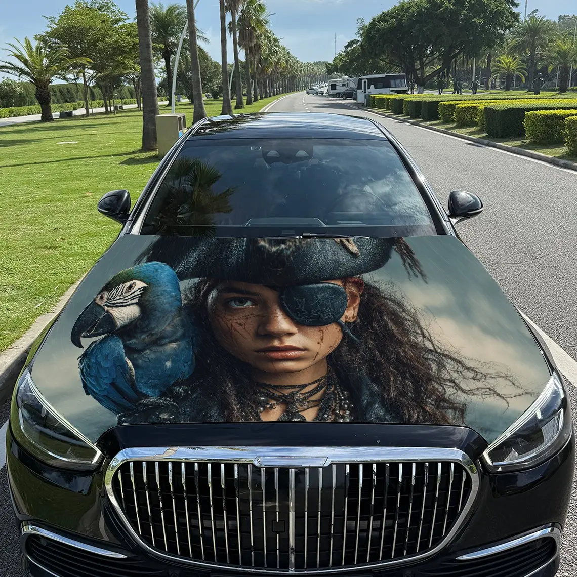 Female Pirate and Blue Parrot Car Vinyl Wrap, PVC Waterproof Car Hood Sticker, Self-Adhesive Scratch-Resistant Stickers for Engi