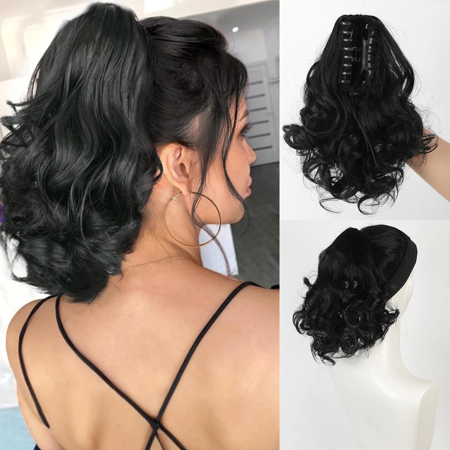10Inch Synthetic Short Wavy Curly Ponytail Claw Clip in Hair Extension Brown Blonde Black Hairpiece for Women