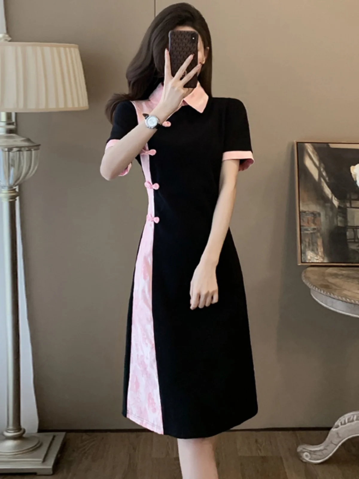 

Elegant Black Women's Dress with Embroidered Buttons Color Block Design Slimming High Quality Polyester Fiber Summer New Arrival