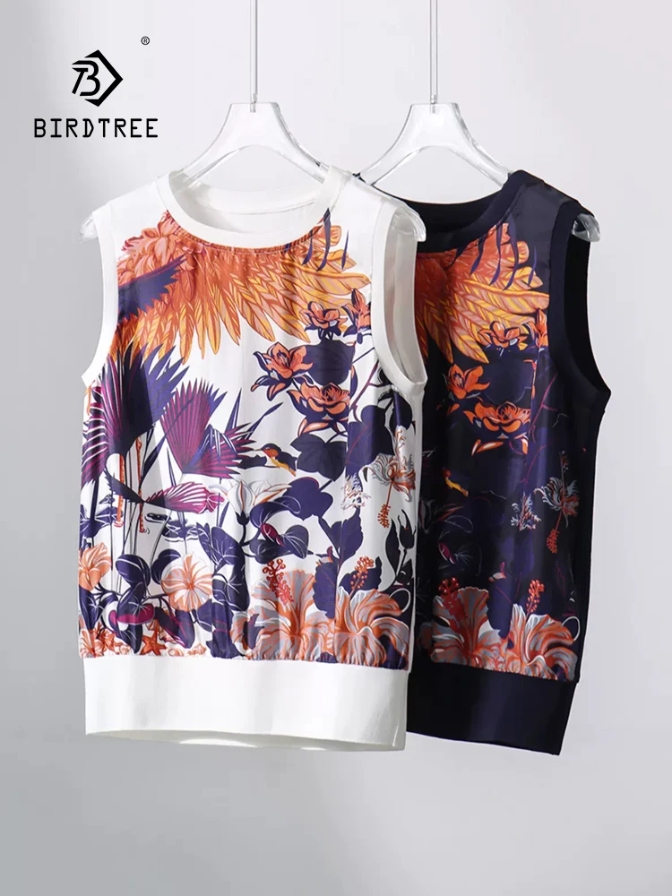 BirdTree, 100%Mulberry Silk Elegant T-Shirt, Women Sleeveless O Neck Flower, French Commute Loose Vest, 2024 Summer T461108QC