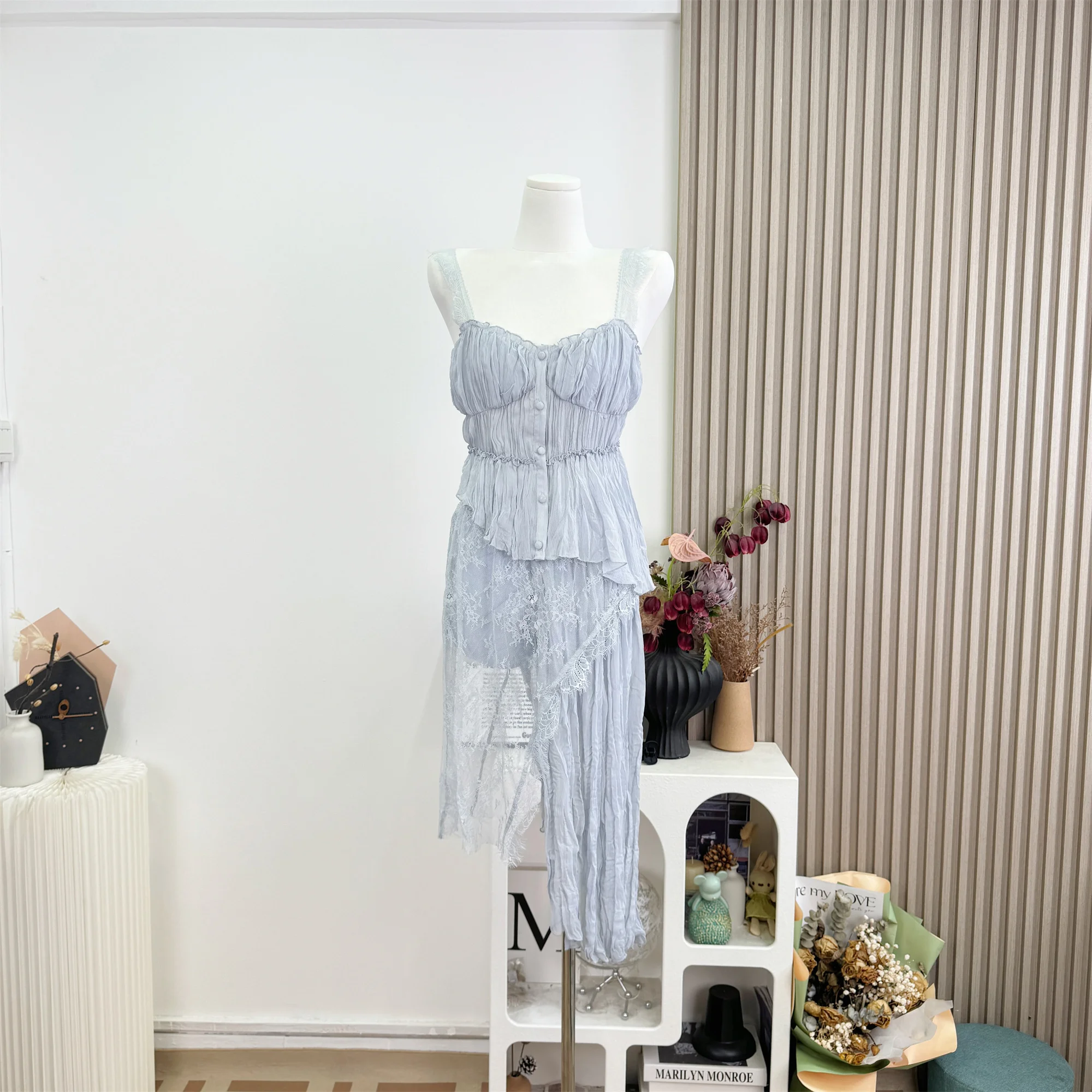 Chan Mengting Fragrant Mist Mountain Tea Color Fixing Dyeing Wrinkle Press Lace Strap Top Half Skirt Two Piece Set Women Summer