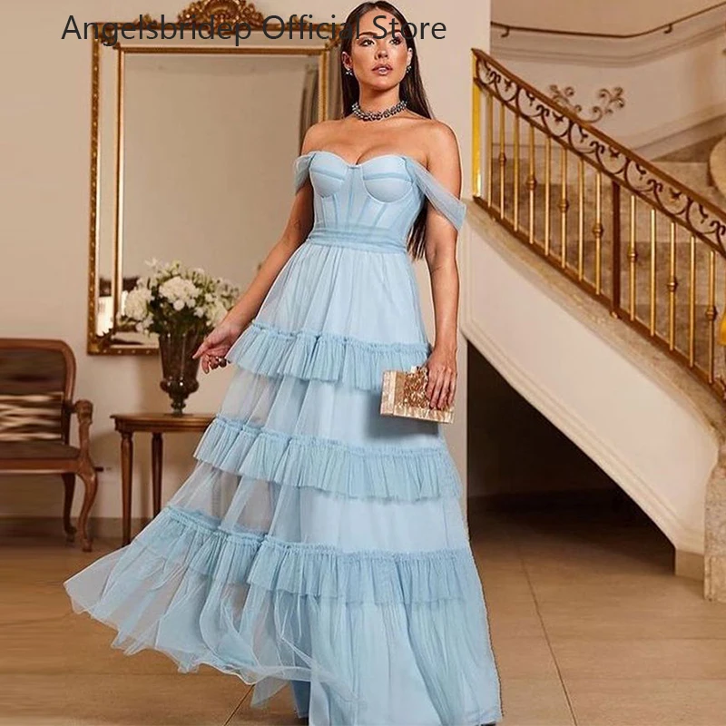 

Angelsbridep A-line Tulle Tiered Evening Dresses Sweetheart Sky Blue Party Dresses Ruched Robe De Soirée Formal Occasion Dresses