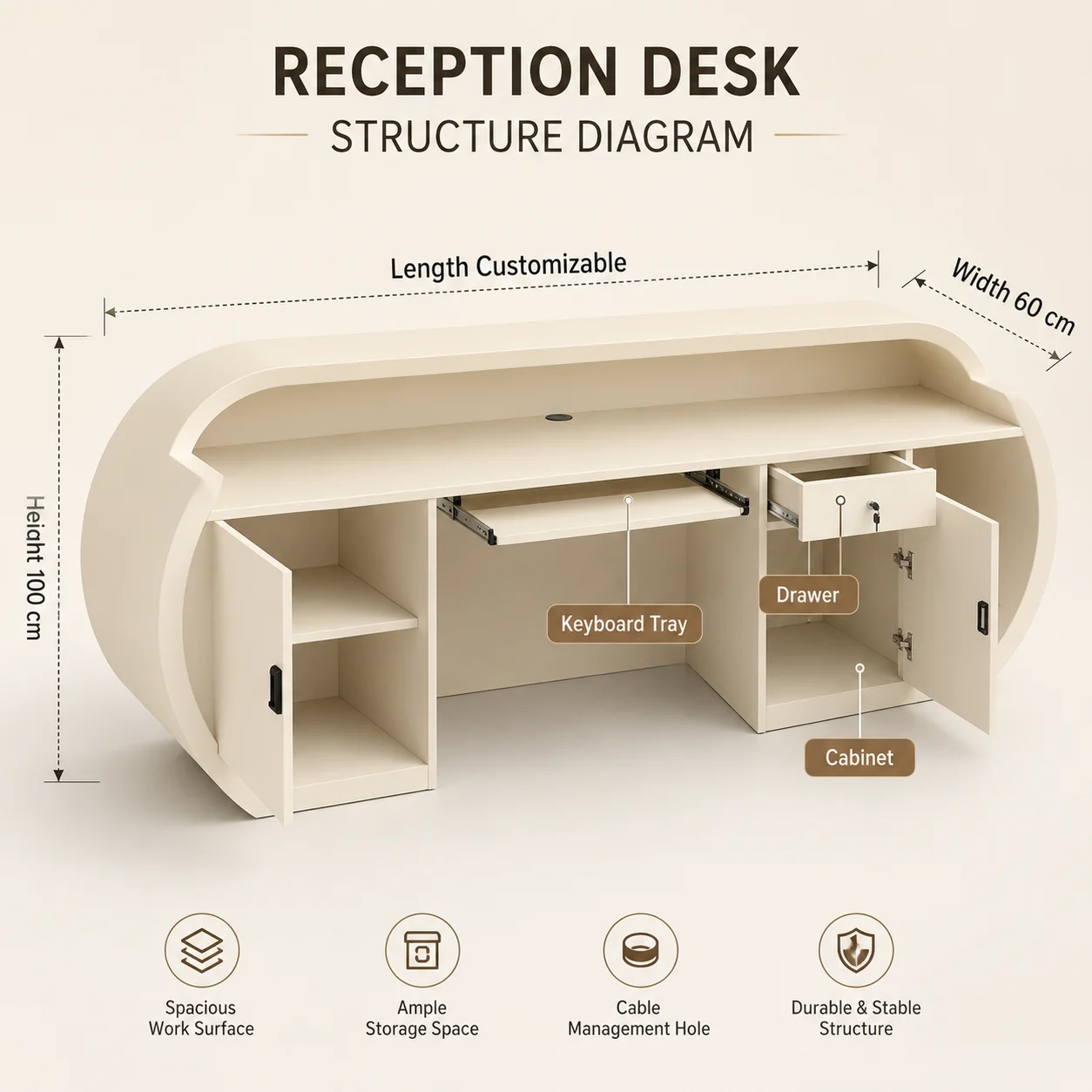 Modern Elegant Cream Full Oval Rounded Reception Desk Surround Built-in LED Front Counter For Beauty Salon Aesthetic Clinic
