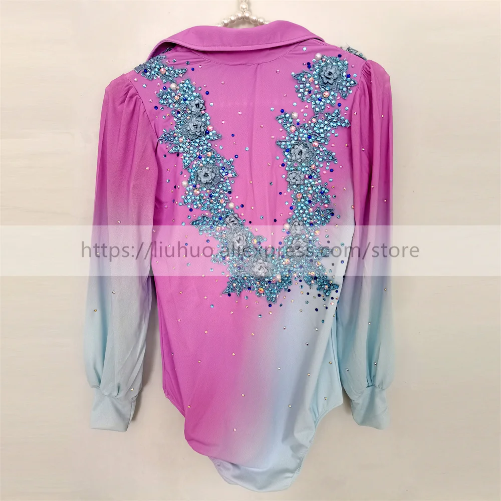 LIUHUO Figure Skating Top Men Boys\' Ice Performance Costume Competition Long Sleeve Leotard Purple Gradient Dance Kids Teens Kid