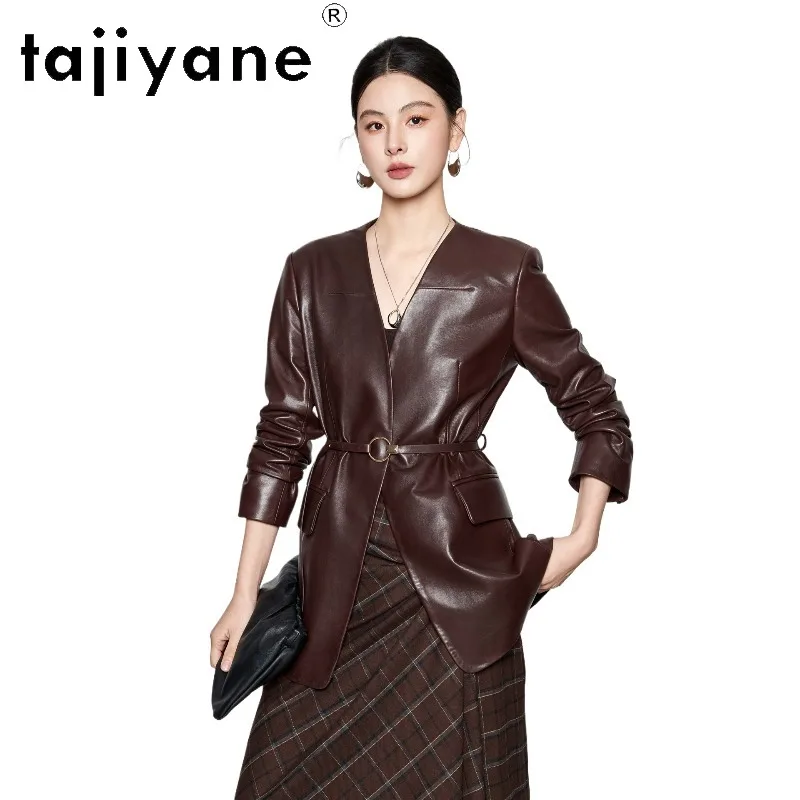 TAJIYANE Oil Waxed Sheepskin Leather Jacket Women Mid Length Real Leather Coat Slim Fit Belted Jackets for Woman V-neck Jaqueta