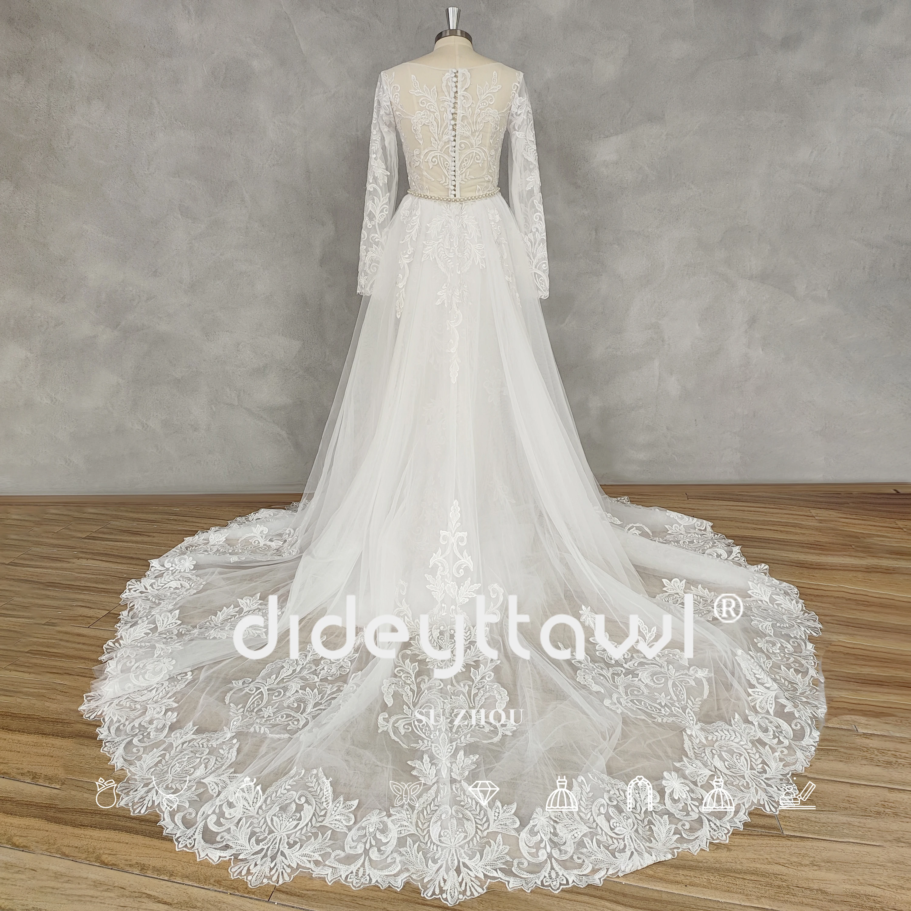 DIDEYTTAWL Real Picture Long Sleeves Appliques A-Line Wedding Dress Illusion Back Detachable Court Train Bridal Gown Custom Made