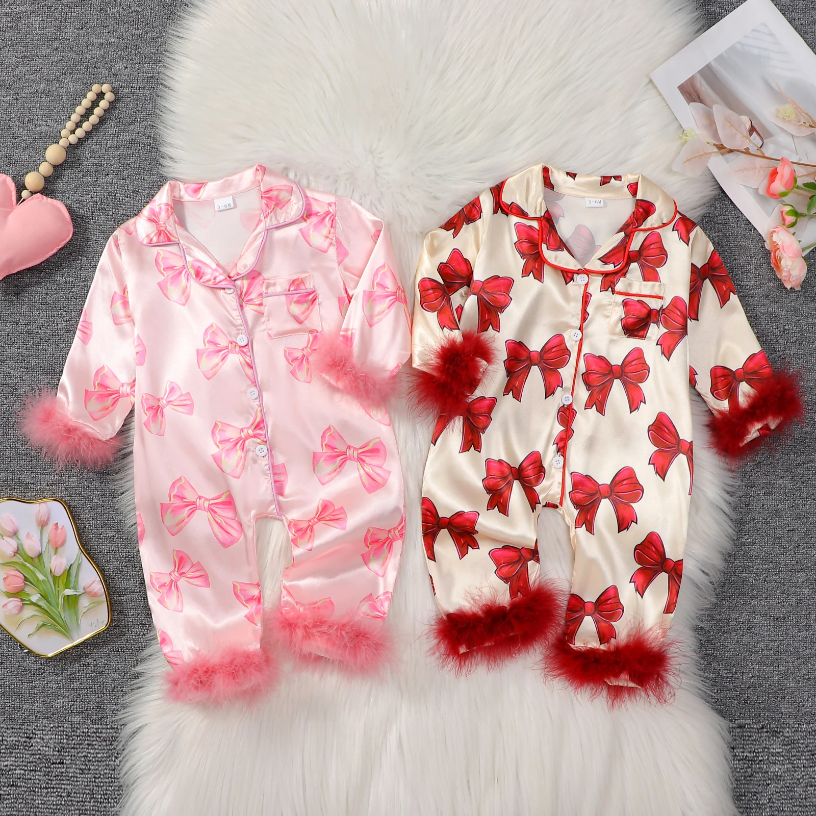 0-24M Baby Girls Stain Pajamas Long Sleeve Bow Print Furry Patchwork Button Closure Jumpsuit Sleepwear Loungewear