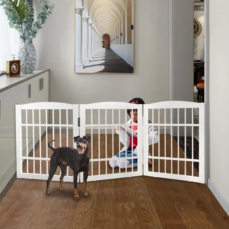 Foldable Freestanding Dog Gate for House Wood White Long Pet Gates Dog Fence for Stairs Puppy Gates for Hallways-3 Panels