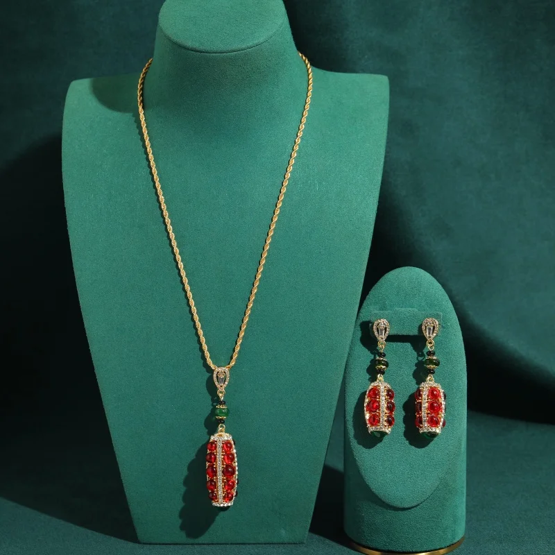 Vintage Red Glazed Water Droplet Jewelry Sets Green Necklace Earrings  Ring 18k Gold Color Classic High Quality Luxury Gift New