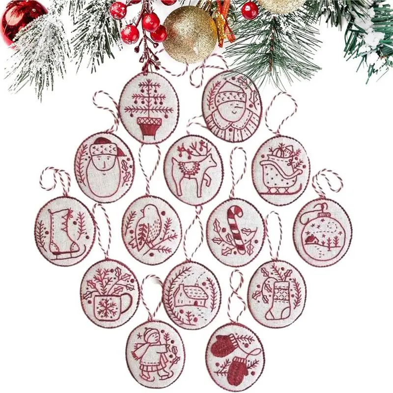 

【HOT ITEMS】Red Hand Embroidered Christmas Ornament Kit(12 Pcs), For Adults& Beginners With Easy Instructions(Christmas Embroider