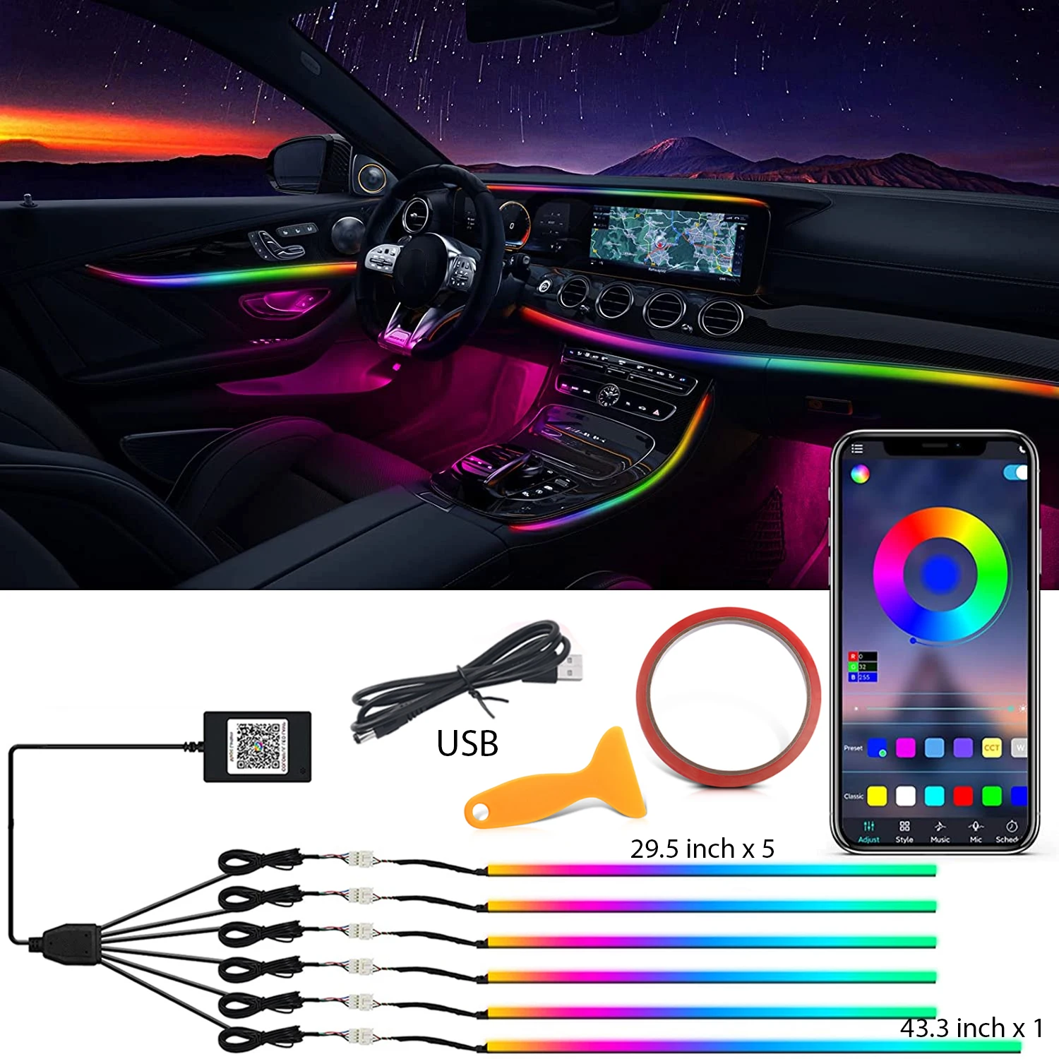 2/5/6in 1 LED Symphony Ambient Light For Car Interior USB Decoration Atmosphere Neon RGB Rainbow Acrylic Strip With Wireless APP