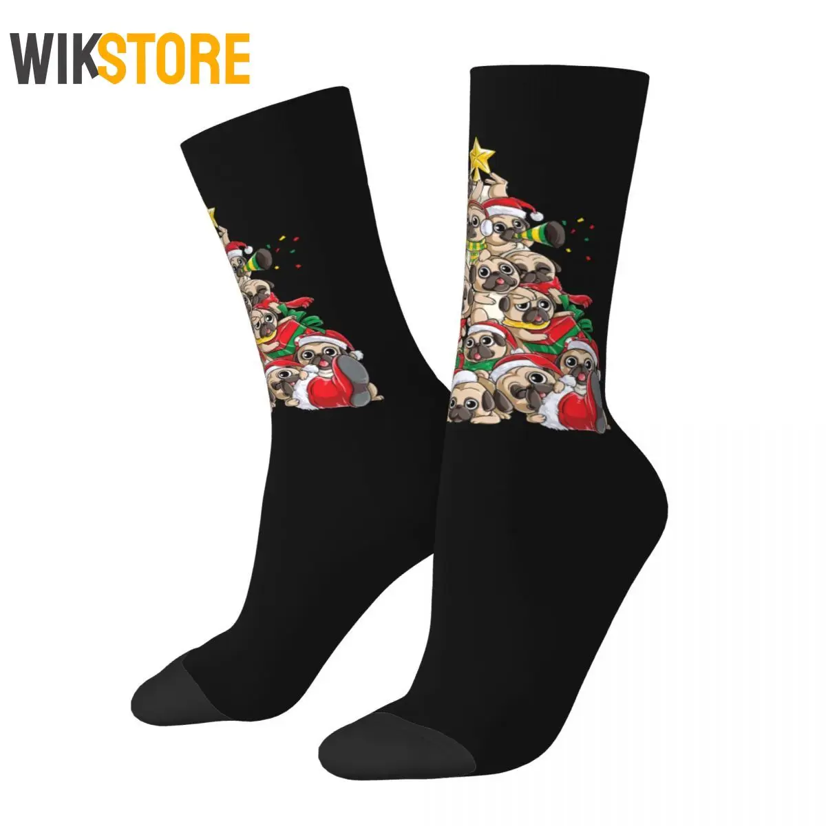 

Retro Pug Christmas Merry Pugmas Xmas Tree Santa Soccer Sock Winter Fashion Crew Socks for Men Women Male Unisex Breathable Sock