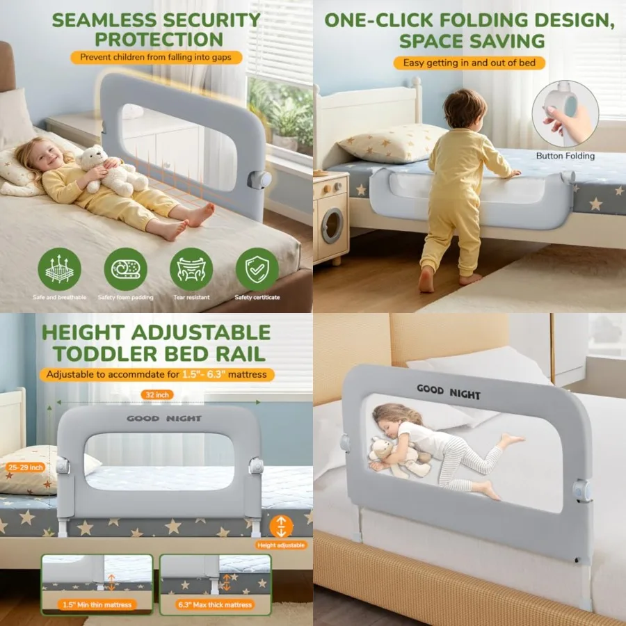 

Bed Guard Rail for Toddlers -"Adjustable Heights and Foldg up Portable Bed Railg for Baby - Toddler Bed Rails Guard for Crib, T