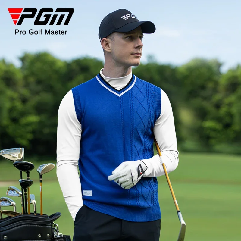 PGM Winter Keep Warm Men Golf Vest Male Knitted V-neck Waistcoat Men Fleece Patchwork Sleeveless Sweater Casual Golf Shirt M-2XL