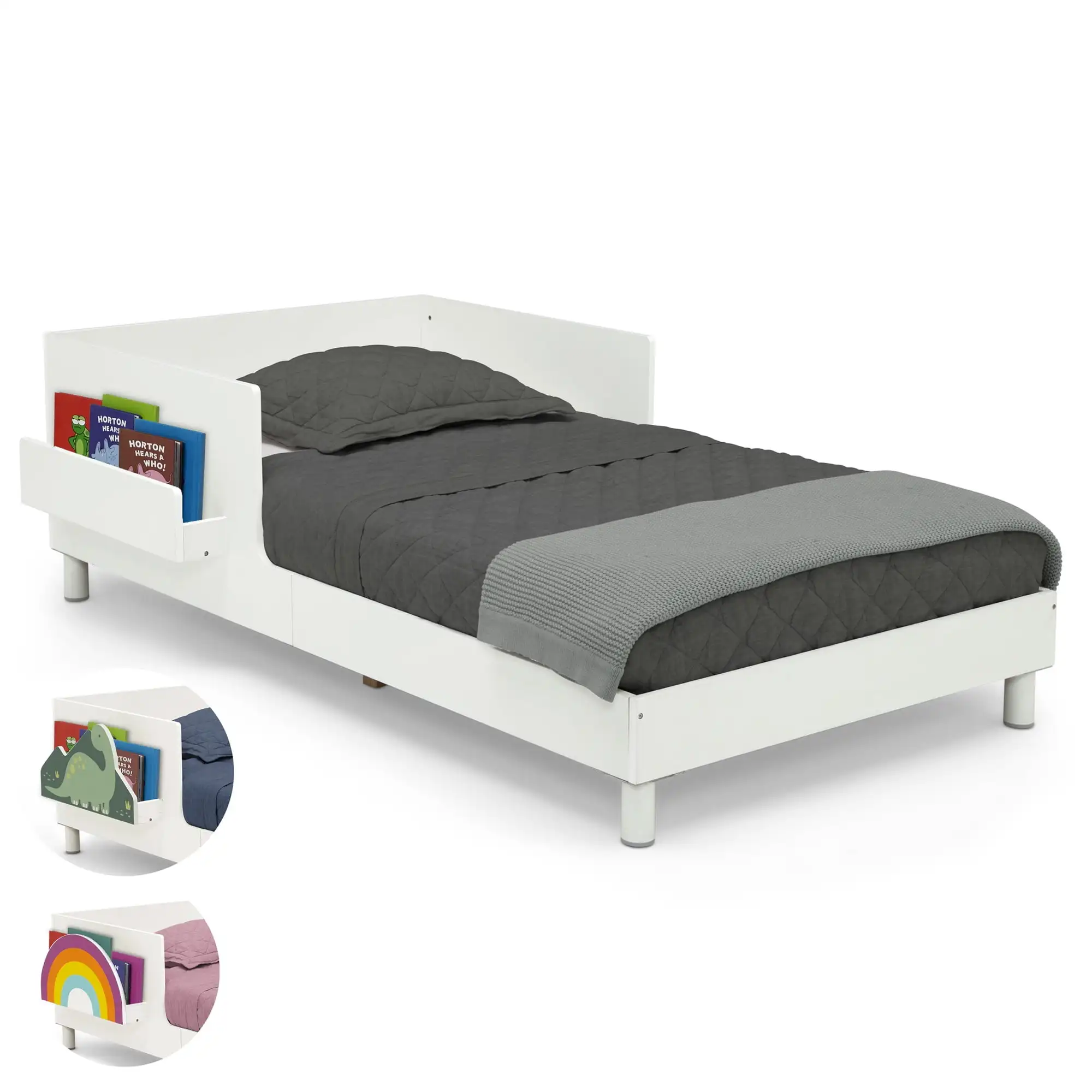 Sleep N Store Toddler Bed with Interchangeable Shelf White Holds Up To 50 Lbs Low To The Ground Design