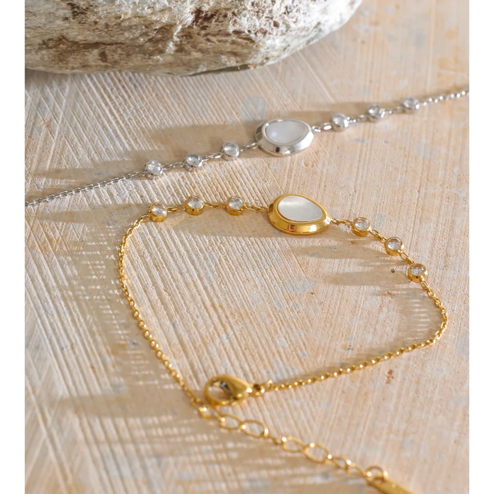 Yhpup Stainless Steel Zirconia Natural Shell Water Drop Chain Bracelet Bangle Popular New Dainty Prom Jewelry