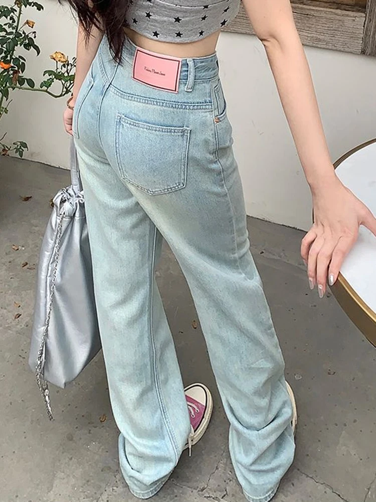 Ins 2024 Girls High Waist Summer Thin Straight Leg Jeans Female Light Blue Trashy Y2k 2000s Contrast Color Denim Wide Leg Pants