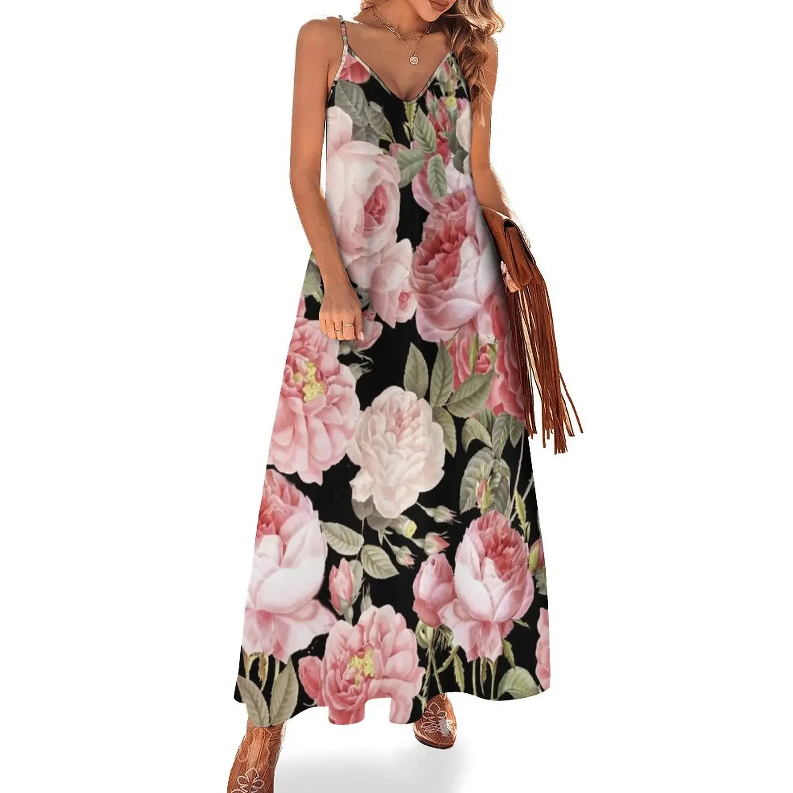 

Pink Vintage Roses on Black Sleeveless Dress evening dress women Dress woman