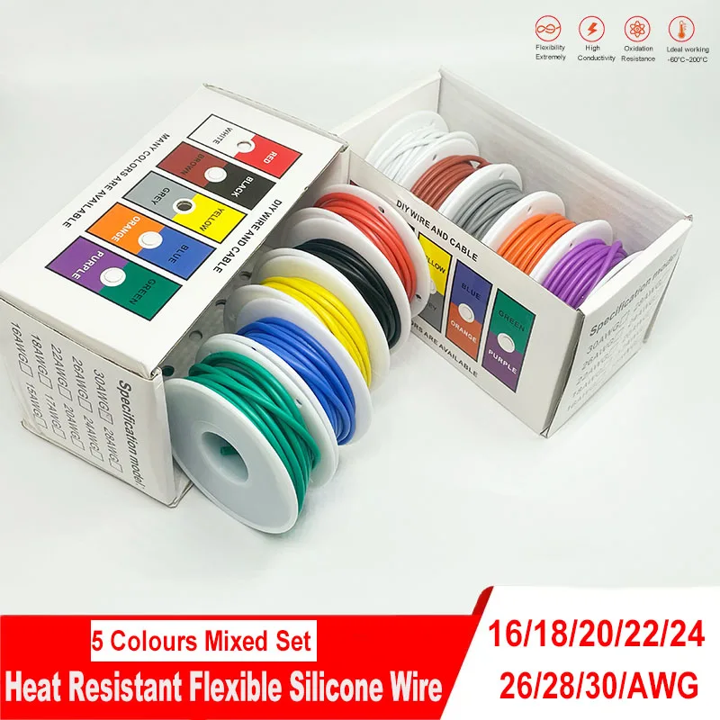 

Heat Resistant Flexible Silicone Wire 30AWG 28AWG 26AWG 24 22 20AWG 18AWG 16AWG Stranded Tinned Copper Wire, 5 Colour Mixed Set