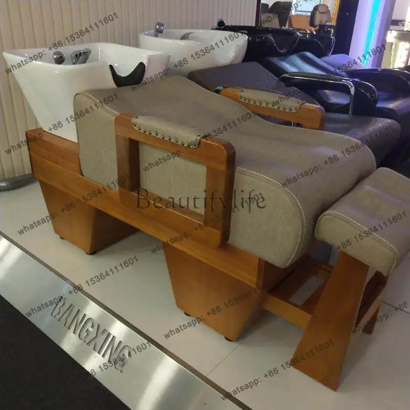 High-end shampoo bed, ceramic basin, high-end solid wood half-lying shampoo bed for barber shops