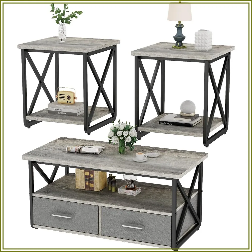 3 Piece Rustic Wood and Metal Coffee Table Set Fabric Drawers and Storage Shelves