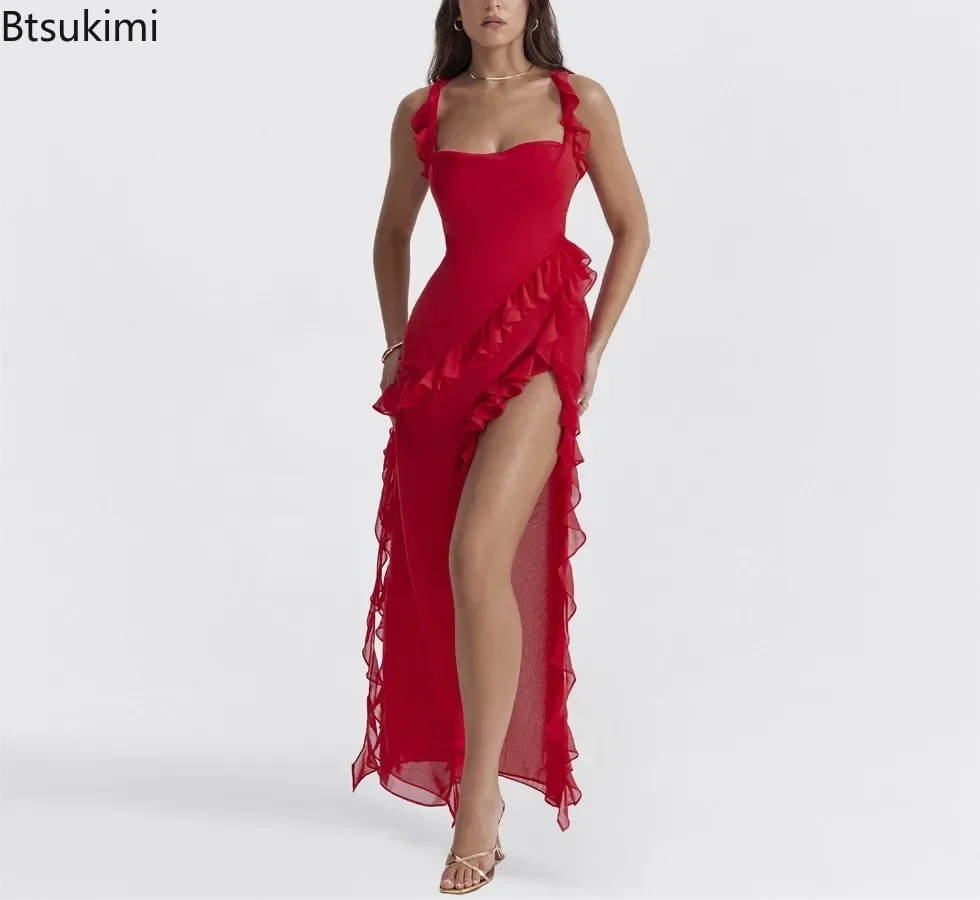 

2025 Sexy Ruffles Elegant Maxi Dress Women's Trendy Splice Backlesss Slit Dress Temperament Red Long Dress Women Evening Dresses