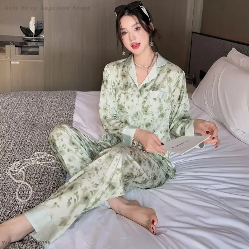 

Spring Summer New Sleepwear Print Flower Pajamas Set Loose Silk Satin Top&Trouser Suits Pyjama Pour Femme Home Wear Loungewear