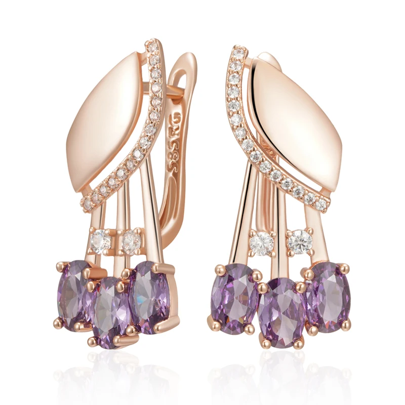 Kinel Hot Shiny Purple Natural Zircon English Earrings For Women Fashion 585 Rose Gold Color Crystal Flower Daily Fine Jewelry