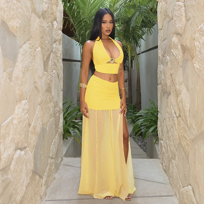 

Women's Summer Beach Skirt Sets Sexy Halter Crop Top and Maxi Skirt Outfits Fashion Chiffon Patchwork Holiday Two Piece Set 2025