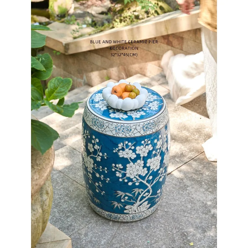 Home furnishing, new Chinese hand-painted blue and white ceramic drum stool, small side table, coffee table, shoe changing stool