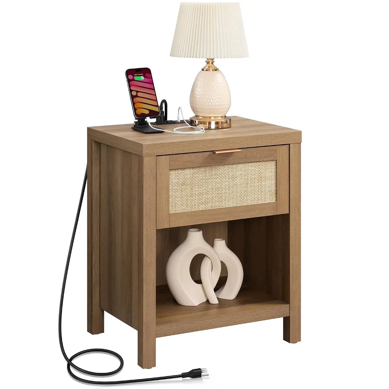 Rattan Nightstand with Charging Station Farmhouse Bedside Table, Customized