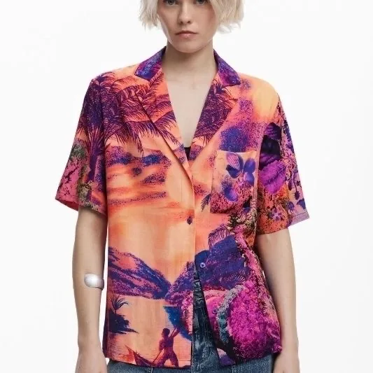 

European, American, Spanish original retro short sleeved shirt with women's printed design, loose summer top