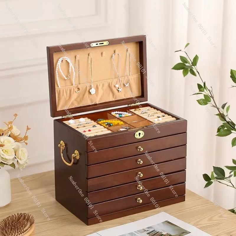 Elegant Solid Wood Jewelry Box Large Capacity Lockable Chinese Classical Organizer for Earrings Ear Studs Necklace Rings