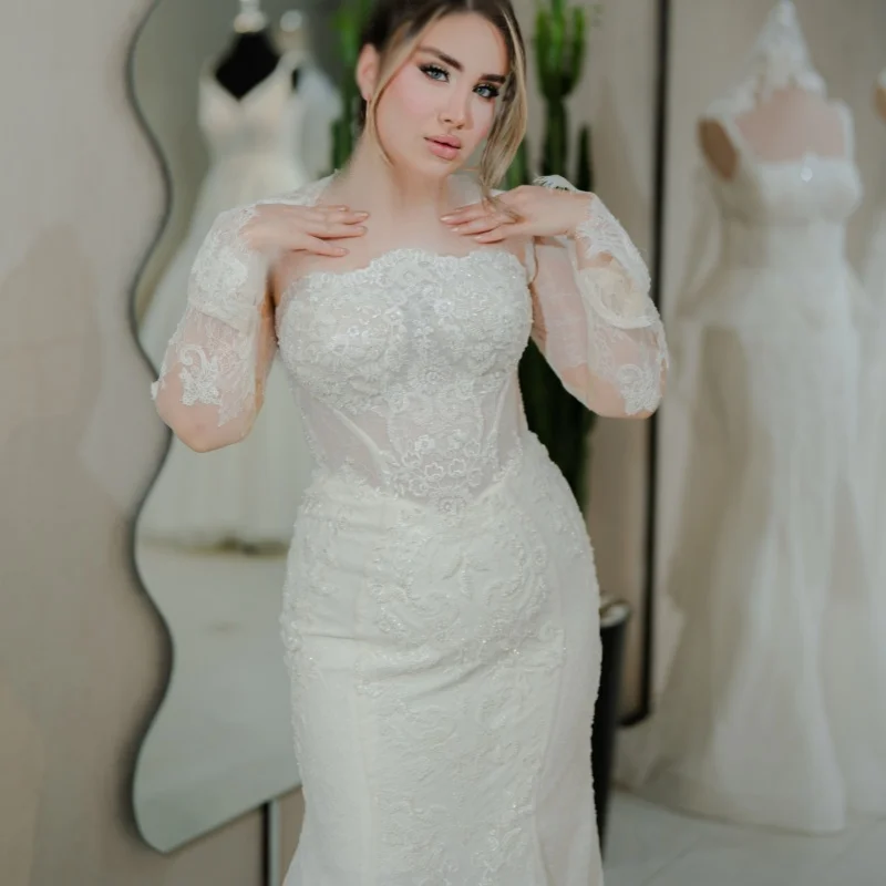 Beadwork White Appliques Wedding Dresses Pearl Decal skirt long tail Mermaid Skirt Made wedding dress Bridal Gown