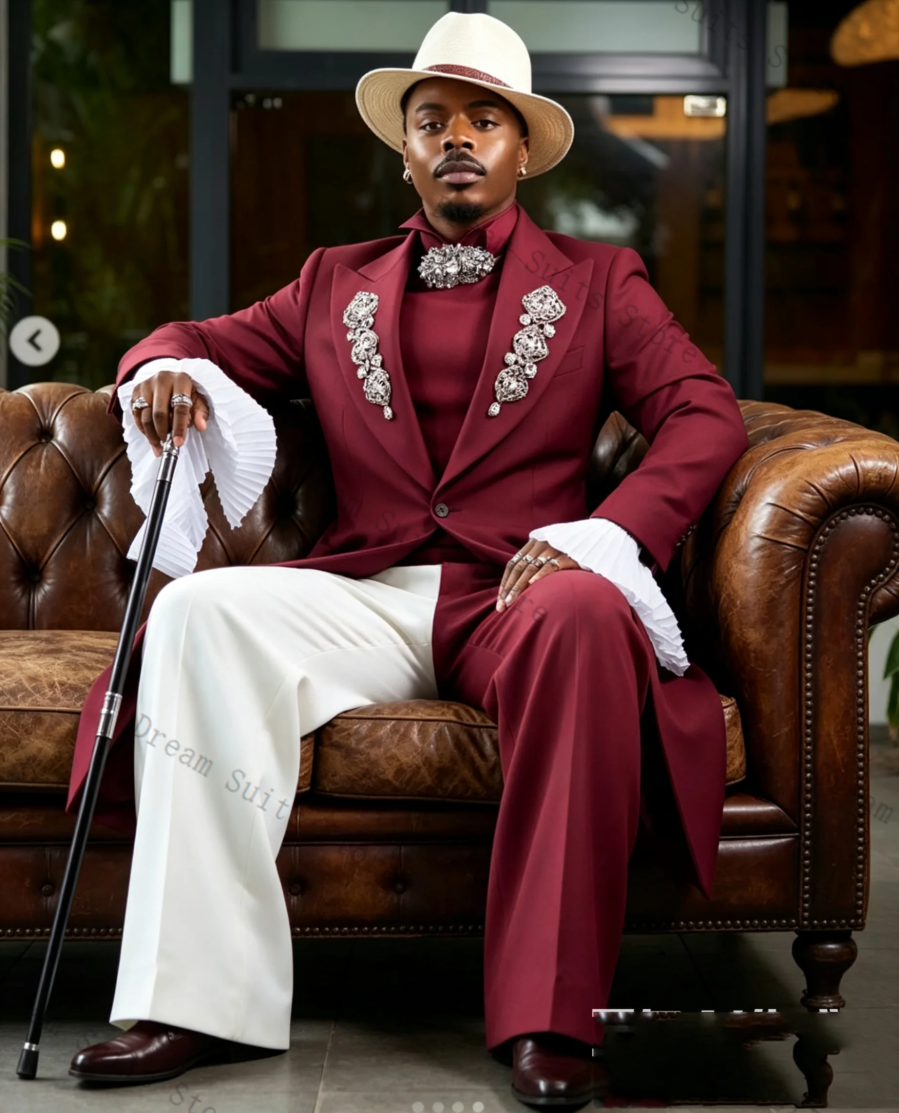 Burgundy Men Suit Set 2 Pcs Long Blazer+Pants Trousers Crystals Customized Formal Office Jacket Wedding Tuxedos Prom Coat