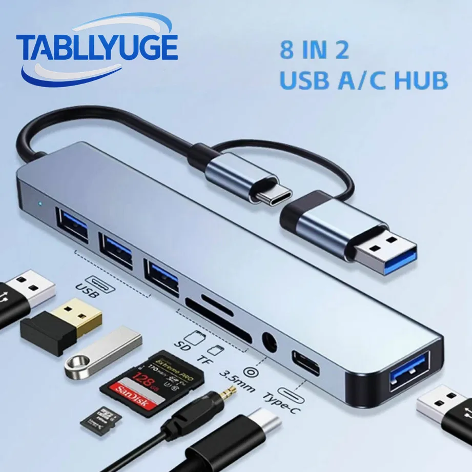Hub USB TABLLYUGE Tipo C, Adaptador Multiportas 2 em 1, Divisor/Extensor de 4/5/7/8 Portas para Dispositivos PC/Laptop/Tablet