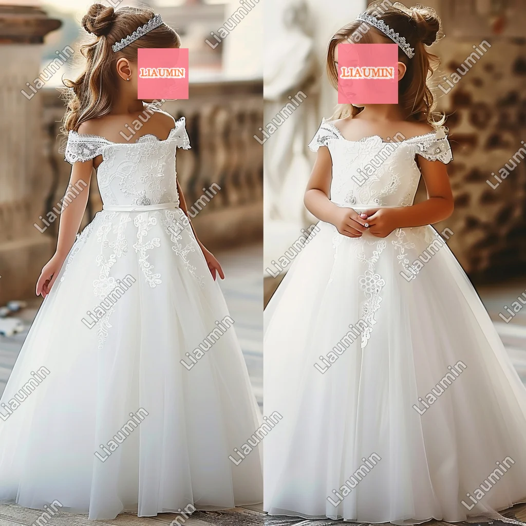 

Custom Made White Flower Girl Dresses Off The Shoulder Tulle Princess Lace Applique First Communion Pageant SKirt Kids W17-3.10