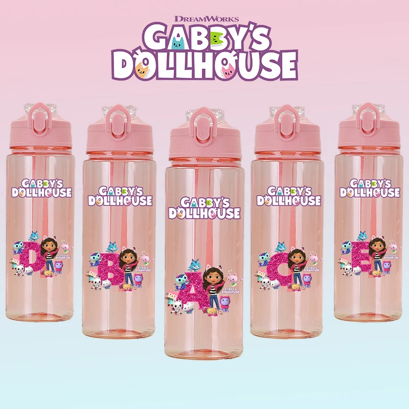 

900ML Gabby Dollhouses Letter Printed Straw Water Bottle Large Capacity Drinking Portable Anime Outdoor Sport Water Cup Kid Gift