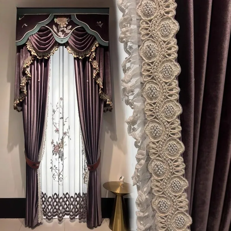 New Elegant Purple Velvet Embroidery Window Screen Curtains for Living Room Bedroom French Window Custom Villa Valance
