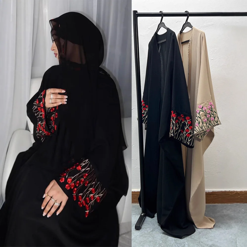 

EID Modest Islamic Clothing Embroidery Fashion Floral Abaya Girl Kimono Muslim Women Open Dubai Abaya