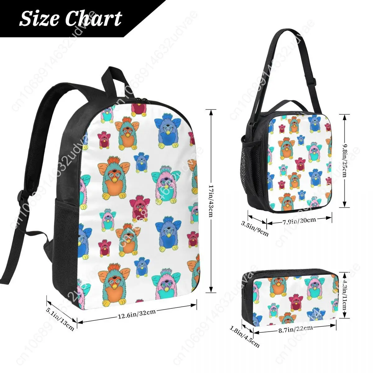 Furby Pattern Backpack Student Boys Girls BookBag School Bag Computer Shoulder Bags 3ps Insulated Lunch Bag Pencil Case