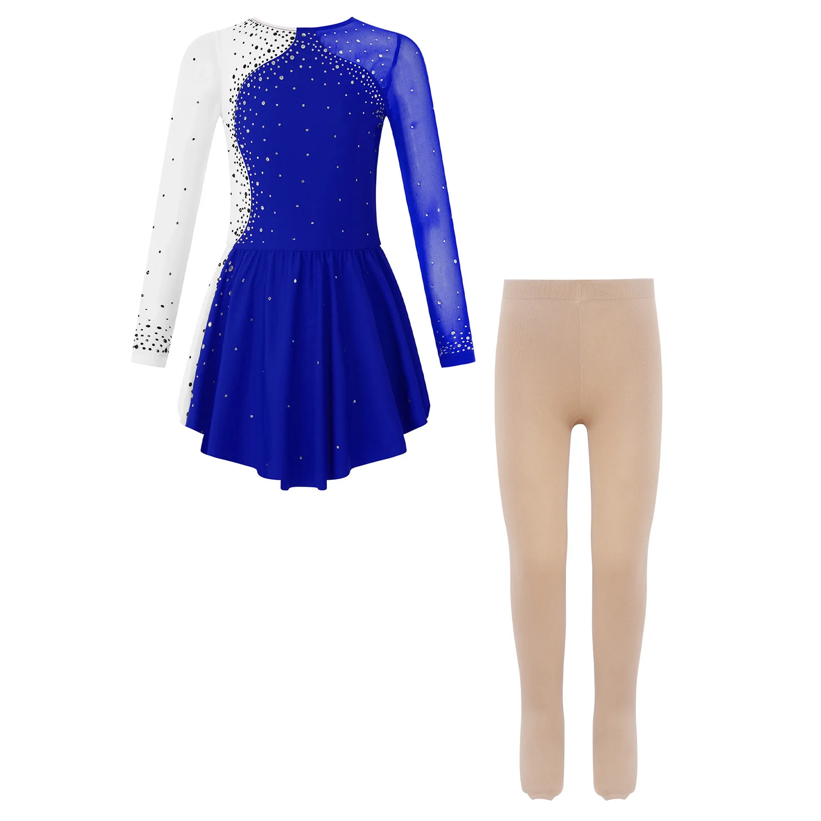

Детский костюм для фигурного катания, гимнастики и танцев для девочек: платье с длинным рукавом и стразами, а также прозрачные нейлоновые леггинсы для балета и танцев