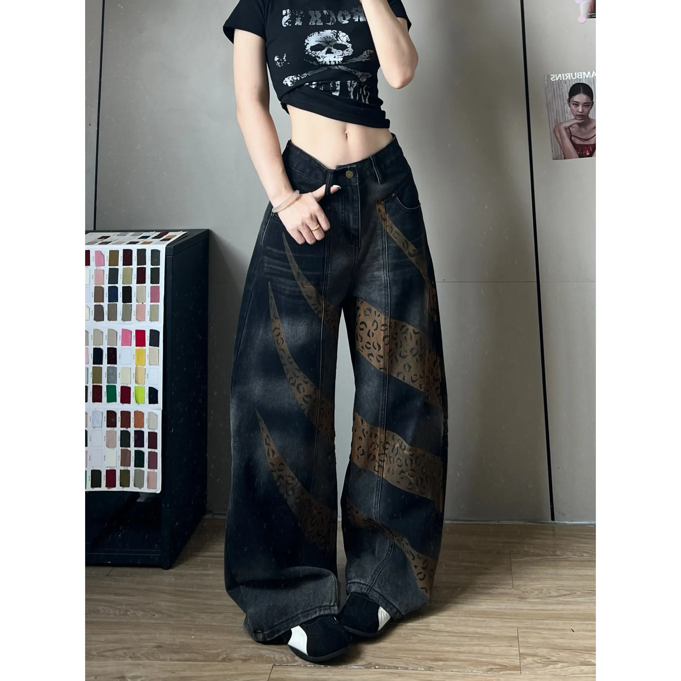Female Retro Designer Straight Leg Jeans Pants Lady Fashion High Waist Denim Pants Women Leopard Print Baggy Trousers