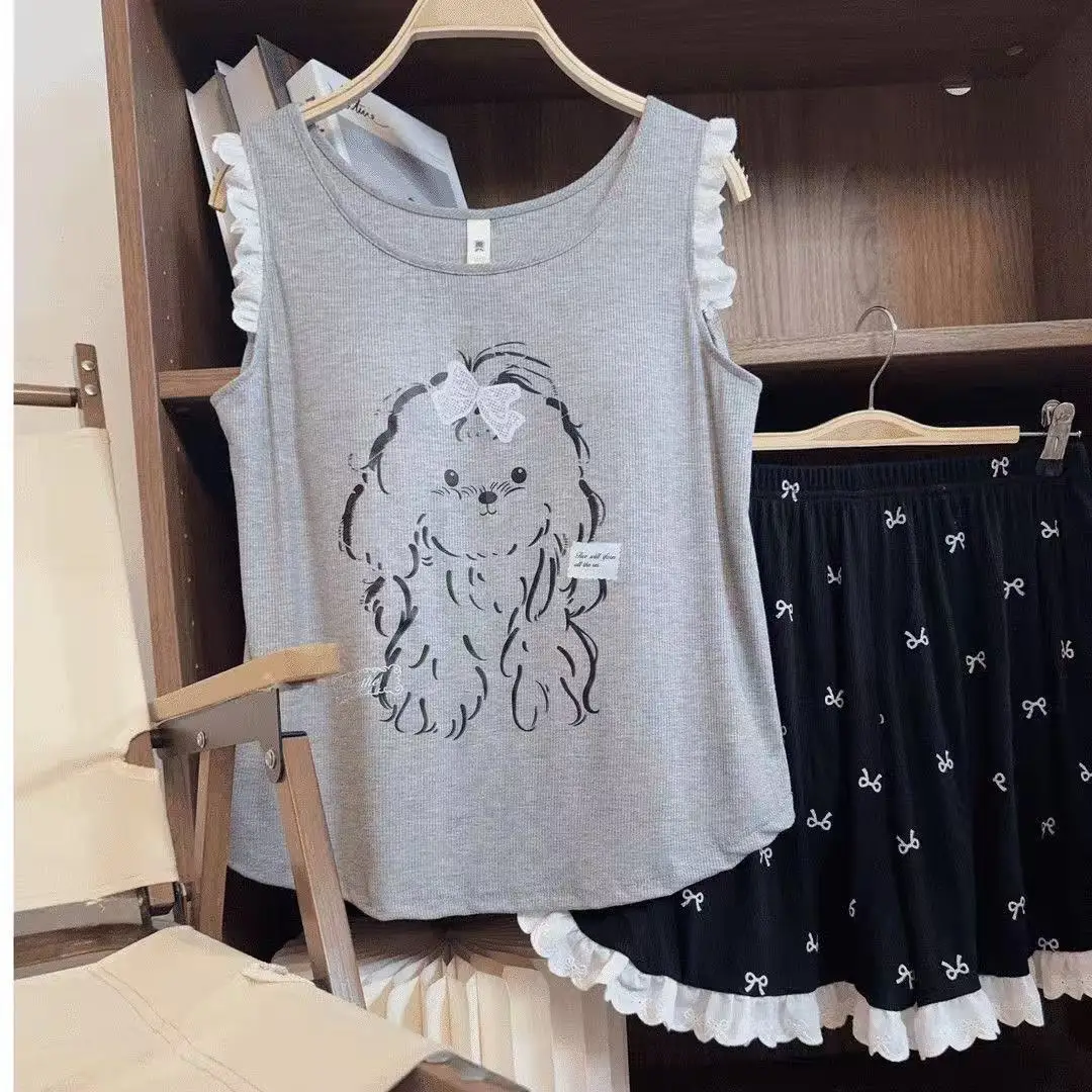 Summer New Women's Vest with Chest Cushion, Pajamas, Home Suit Set, Cartoon Lace Lace Vest, Shorts, Pajamas, Home Suit Set