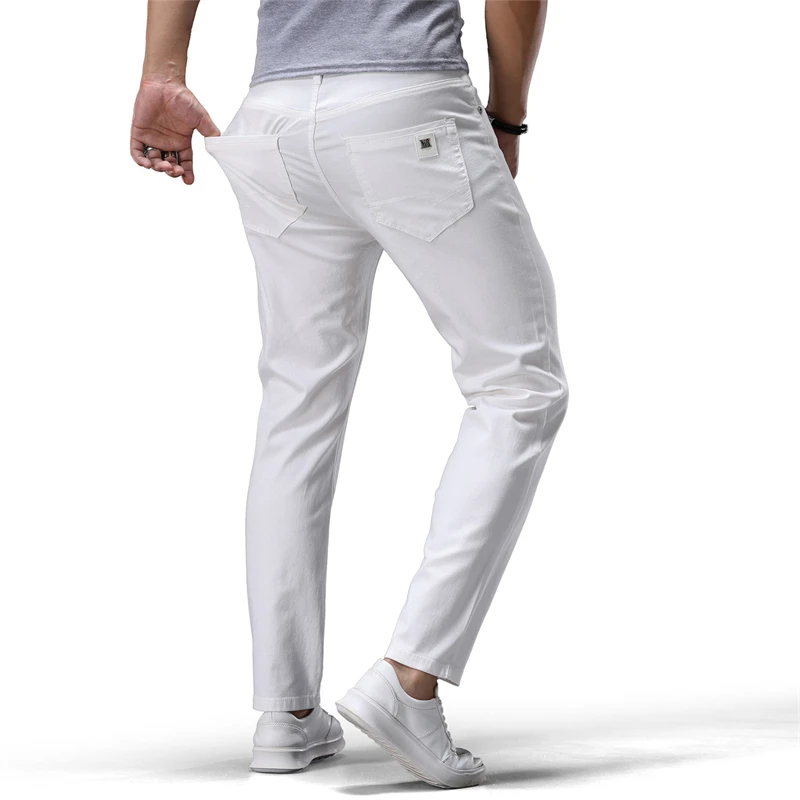 

Эластичные узкие джинсовые брюки, мужские джинсы, удобные однотонные повседневные брюки на четыре сезона, модные джинсы, брендовые мужские брюки