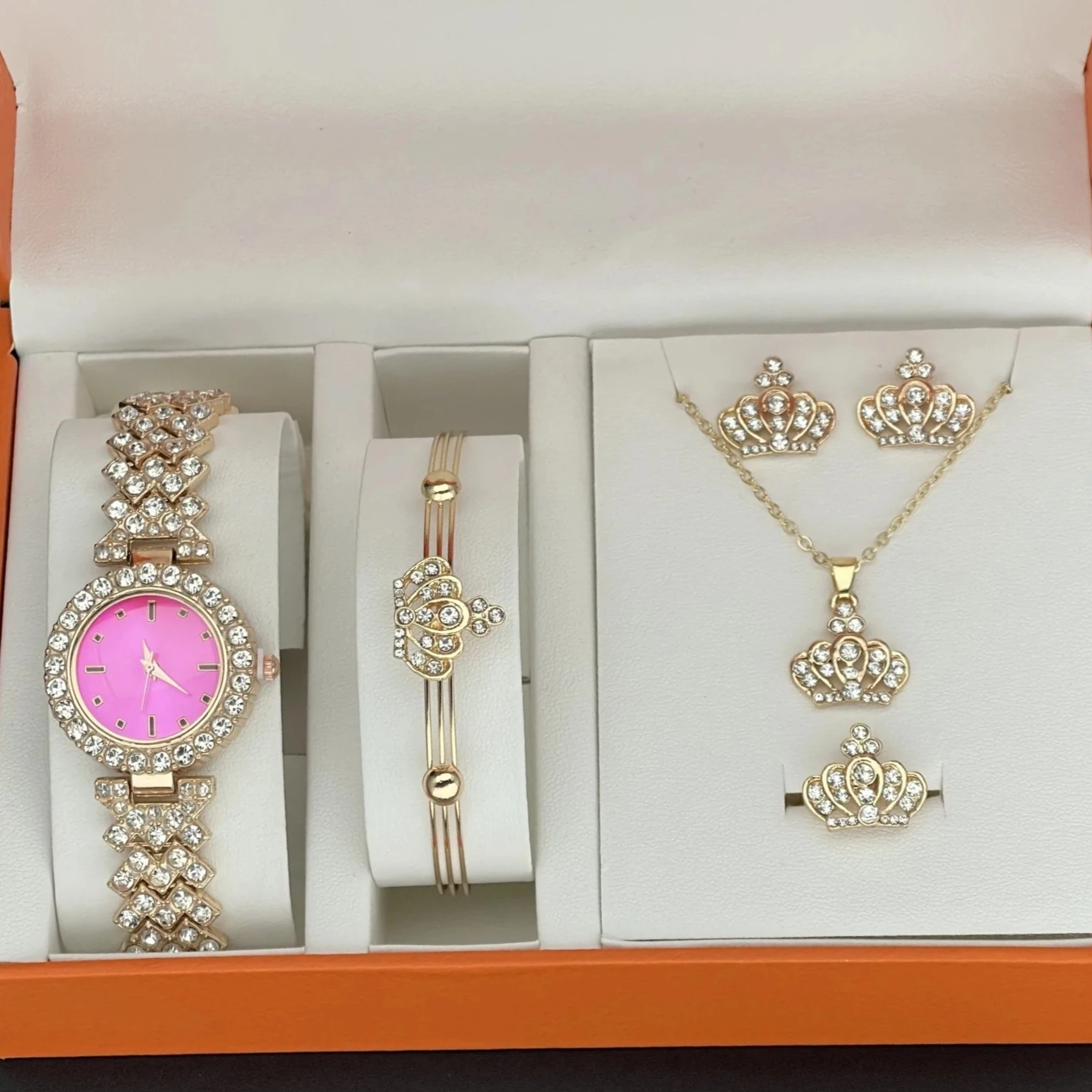 

Модные наручные часы, повседневный комплект ювелирных изделий из 6 предметов, золотые роскошные часы, женские кольца с короной, ожерелье, серьги, стразы, женские часы без коробки