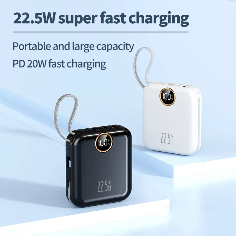 10000mAh Portable Power Bank 22.5W Super Fast Charging Cute and Compact Built-in Cable For iPhone/Samsung/Xiaomi