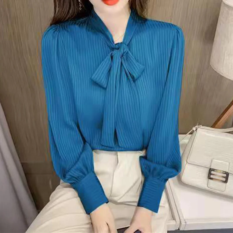 New Solid Colors Versatile and Fashionable Scarf Collar Lace Up Decoration Pullover Blouses Striped Printed Long Sleeve Shirt