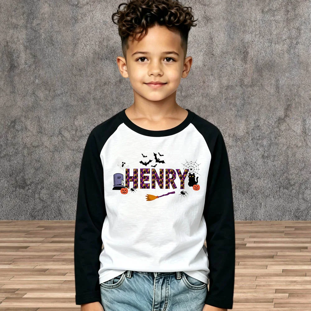 Personalized Toddler T-Shirt Custom Kids Halloween Name Shirt Trick or Treat Design Tops Long Sleeve Boys Girls Children Tees